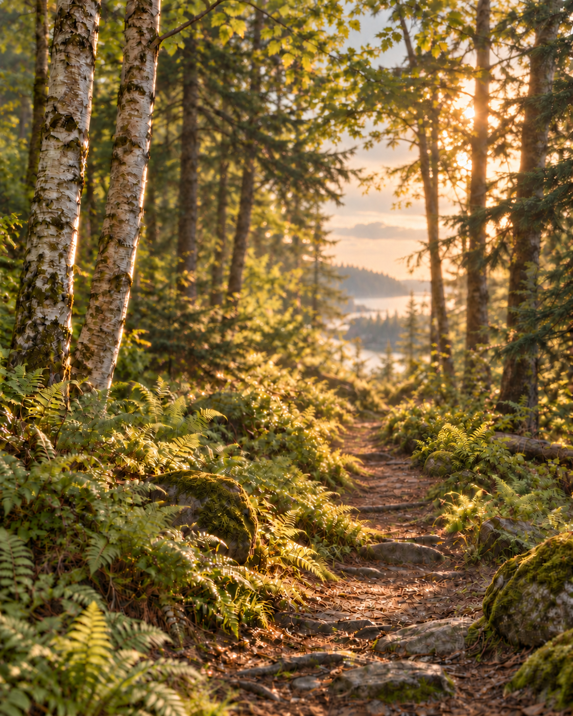 A woodland path through ferns and birch trees in warm evening light