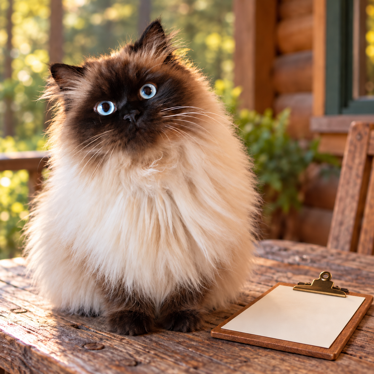 Mike, a fluffy Himalayan cat with blue eyes, sitting beside a small clipboard